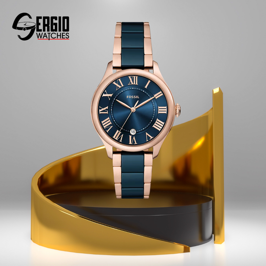 Fossil Gilmore Rose Gold-Tone and Navy Ceramic Watch