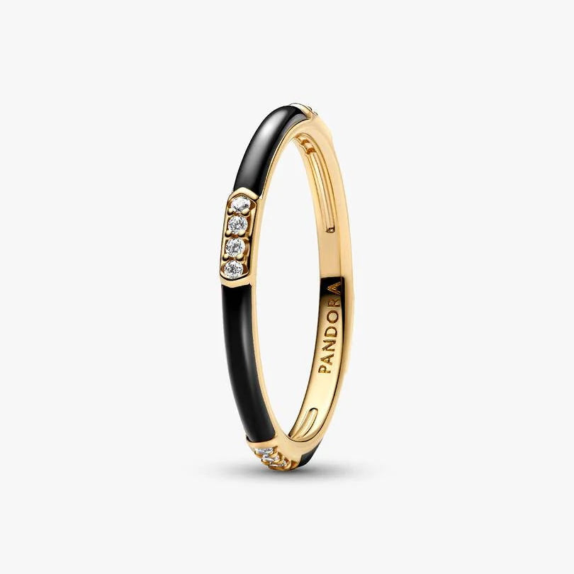 Pandora Black Enamel & Stones Ring | 14k Gold plated