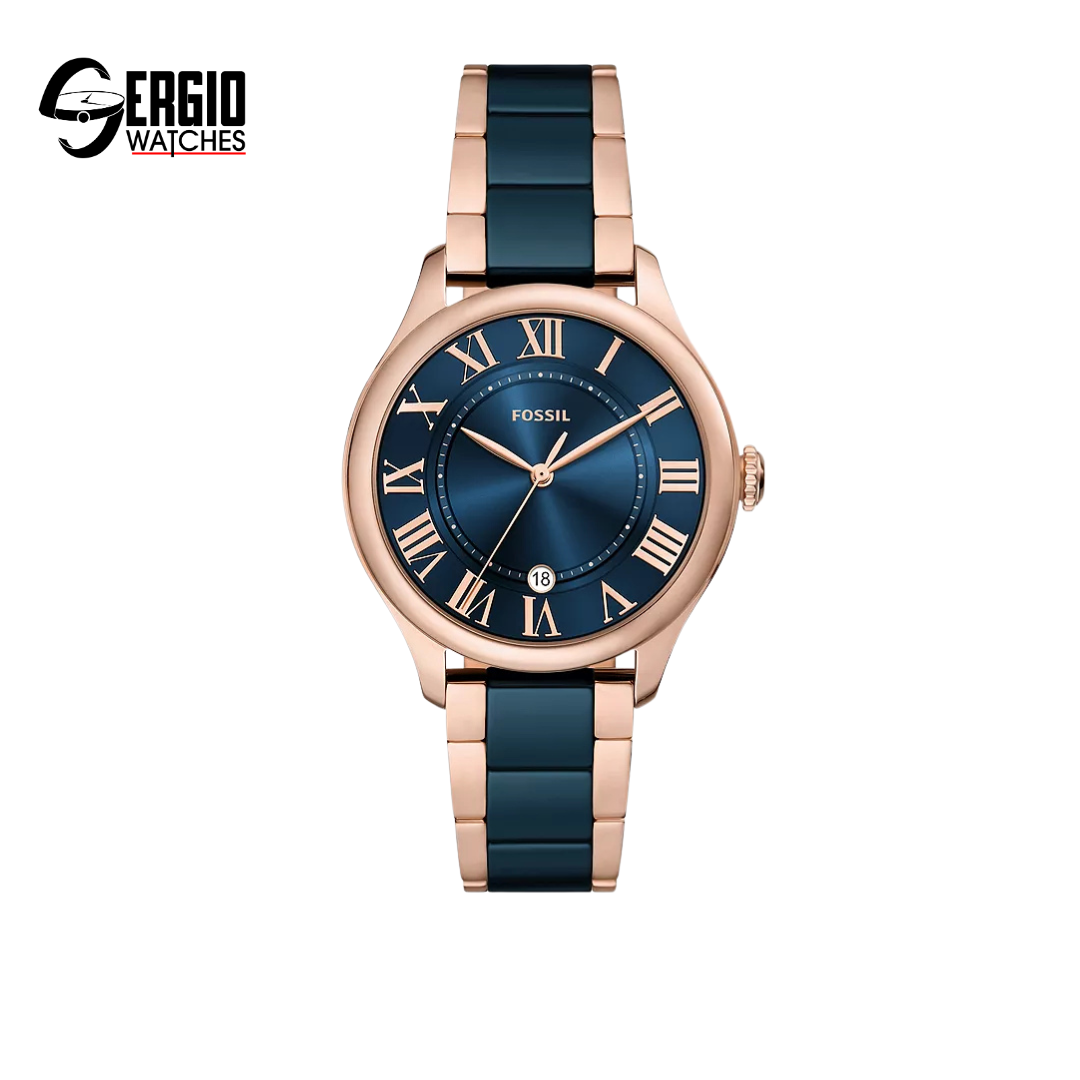 Fossil Gilmore Rose Gold-Tone and Navy Ceramic Watch