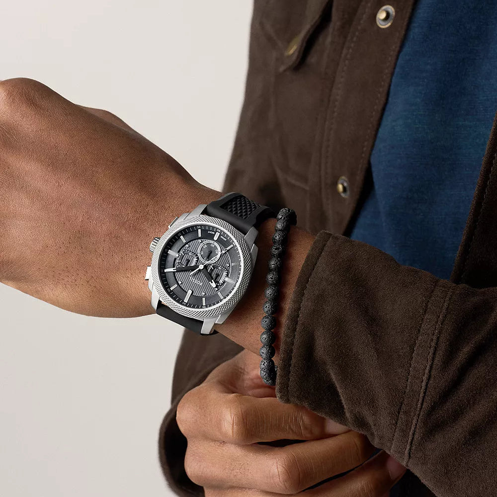 Fossil Machine Chronograph Black Silicone Watch and Bracelet Set