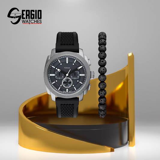 Fossil Machine Chronograph Black Silicone Watch and Bracelet Set